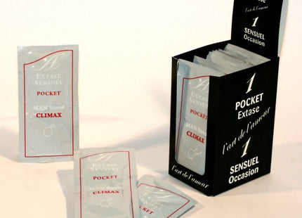 Schwarze papcakete mit silbernen einst pocket extase sachets im extase sensual männlich stimulierender höhepunkt 10 ml display