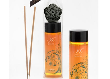 Schwarzer diffuser-stäbchenhalter in blumenform mit passendem deckel und dekorativem band für extase sensual öl