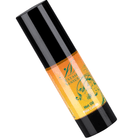 Eine schlanke schwarze flasche ayas sansui hot oil für locken mit orangefarbenem etikett, grünen blumenmustern und goldenen buchstaben im produkt extase sensual piña colada wrmestimuliertes öl 30 ml