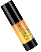 Eine schlanke schwarze flasche ayas sansui hot oil für locken mit orangefarbenem etikett, grünen blumenmustern und goldenen buchstaben im produkt extase sensual piña colada wrmestimuliertes öl 30 ml