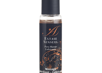 Ein schlanker schwarzer rollerball mit glänzendem finish und goldfarbenem etikett extase sensuel duft schokolade orange