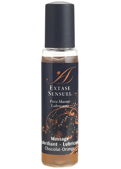 Ein schlanker schwarzer rollerball mit glänzendem finish und goldfarbenem etikett extase sensuel duft schokolade orange