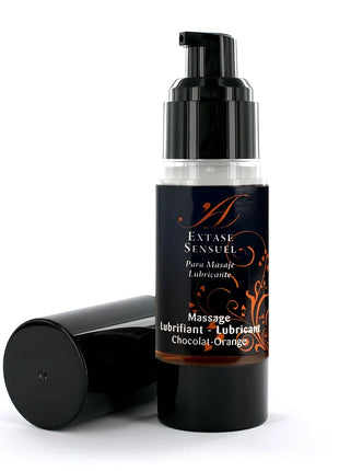 Schwarze pumpflasche entase sensuel massageöl mit schokolade-orange duft und goldverzierung, 30 ml