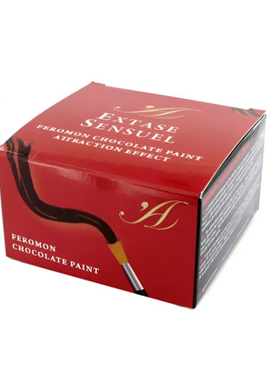 Rotes rechteckiges extase sensuel schokoladenkörperlack mit goldenen buchstaben und pinselillustration, 50 ml