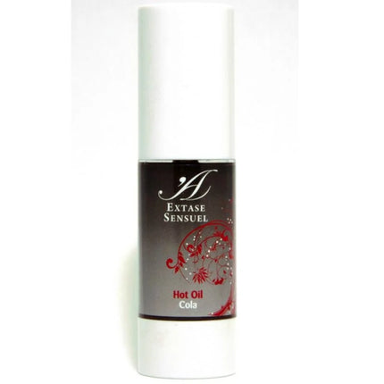 Weiße zylinderförmige flasche mit schwarzem etikett, rotem floralem design und extase sensuel hot oil cola text