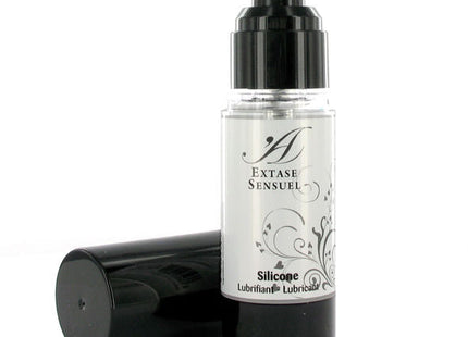 Schwarze und klare pumpflasche extase sensuel silikon gleitgel mit silbernem etikett und schwarzen ornamenten 30 ml