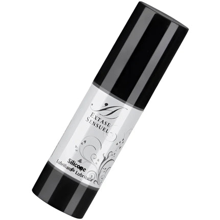 Schwarze zylindrische flasche extase sensuel silikon schmiermittel 30 ml mit glänzendem silbernen etikett