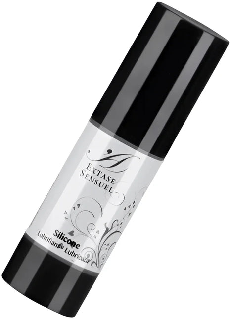 Schwarze zylindrische flasche extase sensuel silikon schmiermittel 30 ml mit glänzendem silbernen etikett