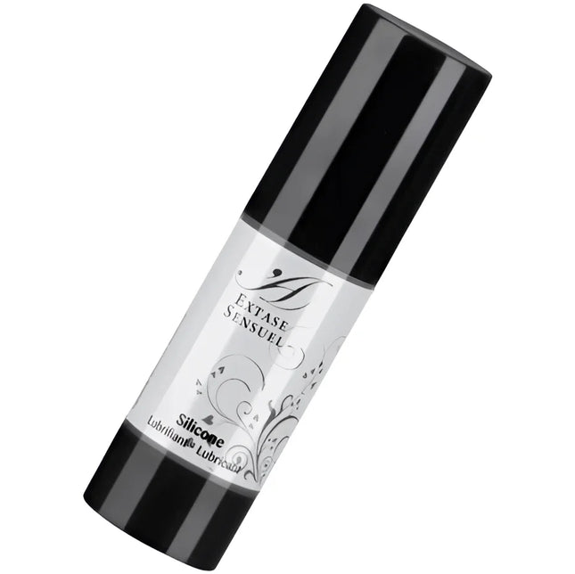 Schwarze zylindrische flasche extase sensuel silikon schmiermittel 30 ml mit glänzendem silbernen etikett