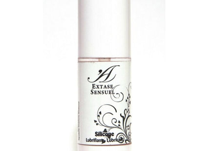 Weiße zylindrische flasche extase sensuel silikon gleitmittel mit schwarzem floralen design 30 ml