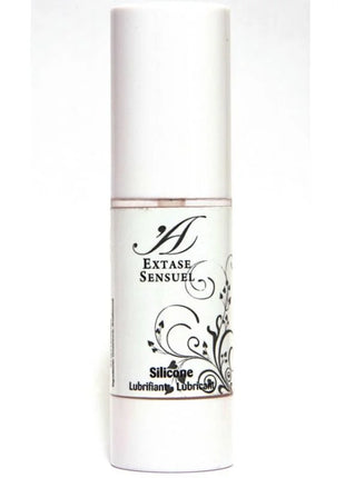 Weiße zylindrische flasche extase sensuel silikon gleitmittel mit schwarzem floralen design 30 ml