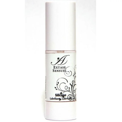 Weiße zylindrische flasche extase sensuel silikon gleitmittel mit schwarzem floralen design 30 ml
