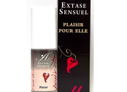 Ein elegante weiße zylindrische flasche extase sensuel plaisir pour elle mit glänzendem schwarz-pinkem etikett und goldenen buchstaben für stimulierende creme für sie