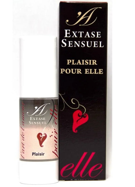 Ein elegante weiße zylindrische flasche extase sensuel plaisir pour elle mit glänzendem schwarz-pinkem etikett und goldenen buchstaben für stimulierende creme für sie
