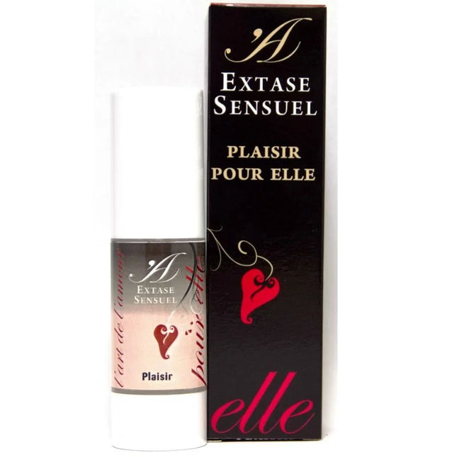 Ein elegante weiße zylindrische flasche extase sensuel plaisir pour elle mit glänzendem schwarz-pinkem etikett und goldenen buchstaben für stimulierende creme für sie