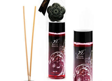Schwarzer reed diffuser mit blumenförmiger basis und dekorativem deckel mit zwei bernsteinfarbenen röhrchen extase sensual stimulierendes kirschöl 100 ml