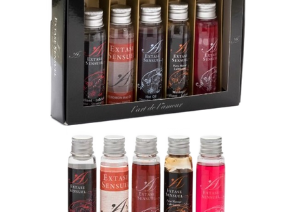 Schwarze Geschenkbox mit sechs kleinen Glasflaschen extase sensuel intime Gleitmittel in verschiedenen Farben und Düften