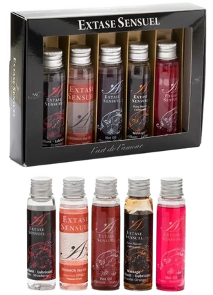 Schwarze Geschenkbox mit sechs kleinen Glasflaschen extase sensuel intime Gleitmittel in verschiedenen Farben und Düften