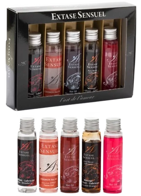 Schwarze Geschenkbox mit sechs kleinen Glasflaschen extase sensuel intime Gleitmittel in verschiedenen Farben und Düften