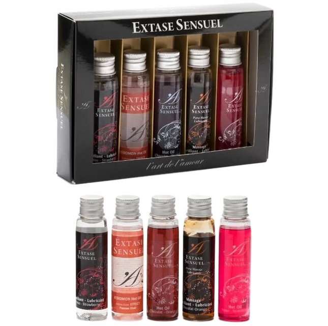 Schwarze Geschenkbox mit sechs kleinen Glasflaschen extase sensuel intime Gleitmittel in verschiedenen Farben und Düften