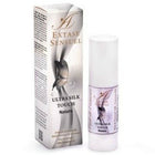 Weiße zylinderflasche extase sensual ultra silk touch naturöl mit silber-lila etikett und schmetterlingsdesign
