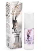 Weiße zylinderflasche extase sensual ultra silk touch naturöl mit silber-lila etikett und schmetterlingsdesign