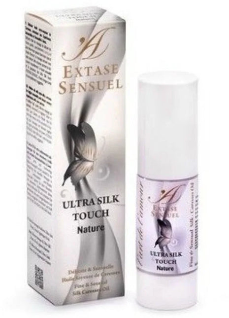 Weiße zylinderflasche extase sensual ultra silk touch naturöl mit silber-lila etikett und schmetterlingsdesign