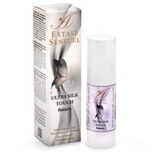 Weiße zylinderflasche extase sensual ultra silk touch naturöl mit silber-lila etikett und schmetterlingsdesign