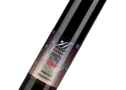 Schwarze zylindrische flasche mit glänzendem finish und rotem silbernem etikett extase sensual unisex stimulans oral passion lubricant