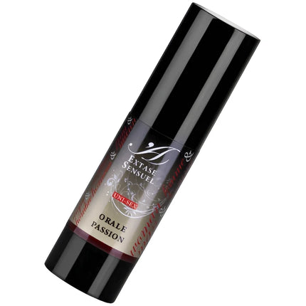 Schwarze zylindrische flasche mit glänzendem finish und rotem silbernem etikett extase sensual unisex stimulans oral passion lubricant