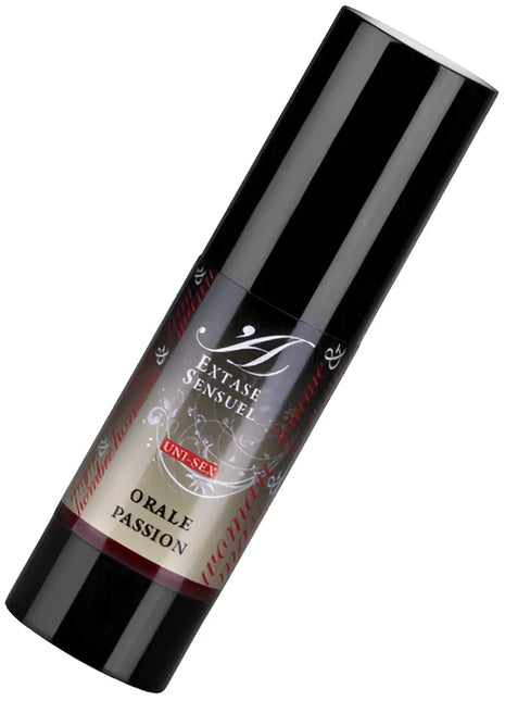 Schwarze zylindrische flasche mit glänzendem finish und rotem silbernem etikett extase sensual unisex stimulans oral passion lubricant