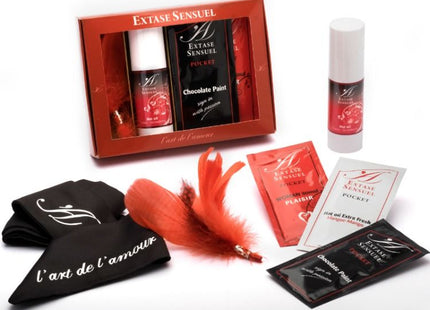 Rot und schwarzes extase sensuel voyage sensuel truhe erwachsenen set mit schokolade, heißem öl, federaccessoire und markenverpackung