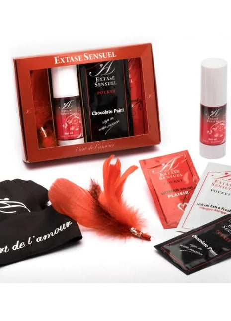 Rot und schwarzes extase sensuel voyage sensuel truhe erwachsenen set mit schokolade, heißem öl, federaccessoire und markenverpackung