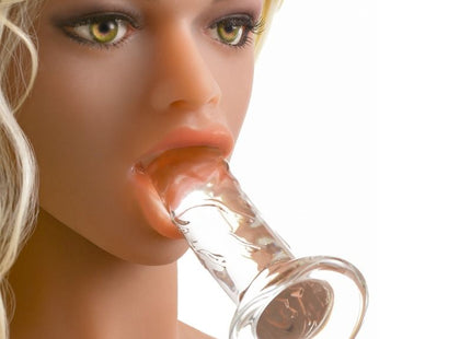 Klarer glas dildo mit geriffeltem schaft und abgerundetem sockel aus dem pipedream extreme toyz kit