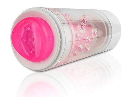 Extreme toyz roto bator männlicher masturbator vagina mit klarem zylindrischem körper und pinken texturierten innenperlen