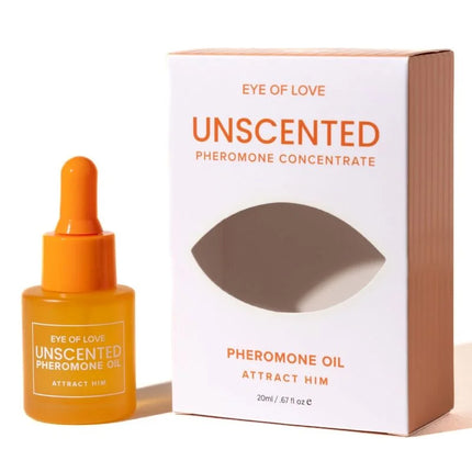 Orange glas pipettenflasche mit unscented pheromonöl eye of love classic neben weiß-beiger verpackung 20 ml