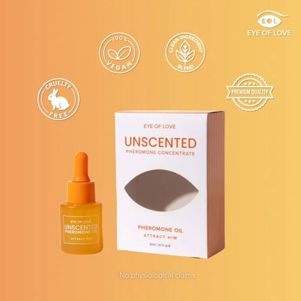 Orange glasflasche mit eye of love classic pheromonöl für frauen 20 ml neben weißer verpackung