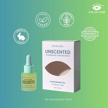 Eine klare Glasflasche mit hellmintgrünem Tropfer und pale gelbem unscented pheromonöl von eye of love love classic