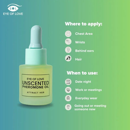 A light green glass bottle with dropper cap labeled eye of love unscented pheromonöl for men love classic 20 ml