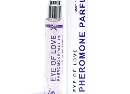 Klarer glas-sprühflasche mit silberkappe und lila etikett enthält eye of love pheromon parfum 10 ml morning glow