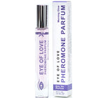 Transparente glas-rollerflasche mit silberkappe und lila etikett enthält helllavendelfarbenes eye of love pheromon parfum morning glow