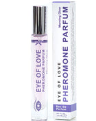 Transparente glas-rollerflasche mit silberkappe und lila etikett enthält helllavendelfarbenes eye of love pheromon parfum morning glow