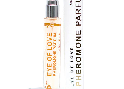 Klarer glas-sprühflasche mit silberkappe und goldschrift eye of love pheromon parfum after dark neben weißer box