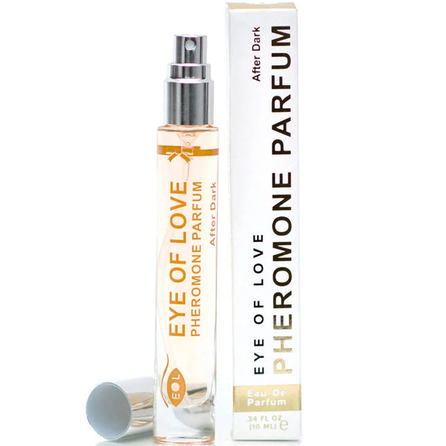Klarer glas-sprühflasche mit silberkappe und goldschrift eye of love pheromon parfum after dark neben weißer box