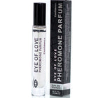 Klare glas-rollerflasche mit schwarzem deckel und weißem etikett eye of love pheromon parfum von confidence neben schwarzer box