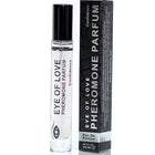 Klare glas-rollerflasche mit schwarzem deckel und weißem etikett eye of love pheromon parfum von confidence neben schwarzer box