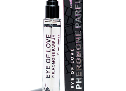 Klar glas sprayflasche mit schwarzem verschluss und aufdruck eye of love pheromon parfum für mehr selbstbewusstsein