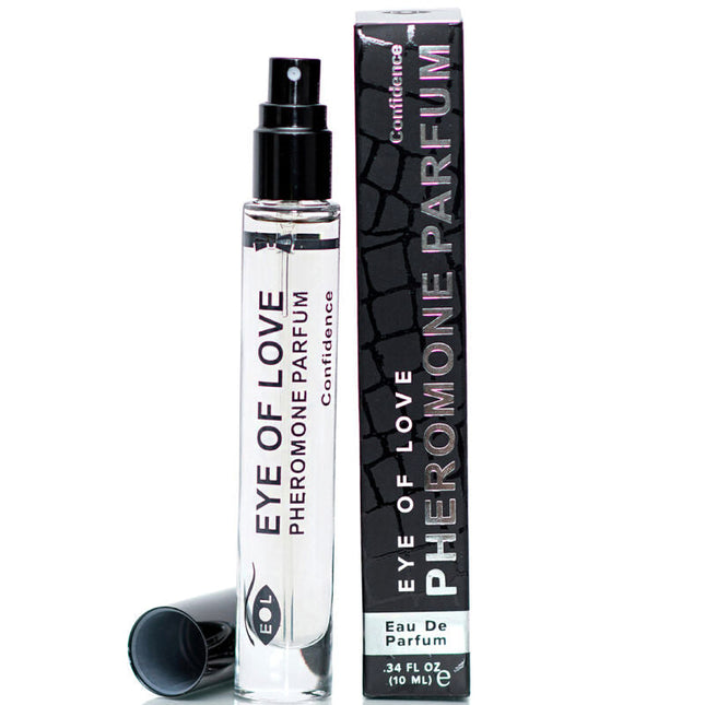 Klar glas sprayflasche mit schwarzem verschluss und aufdruck eye of love pheromon parfum für mehr selbstbewusstsein