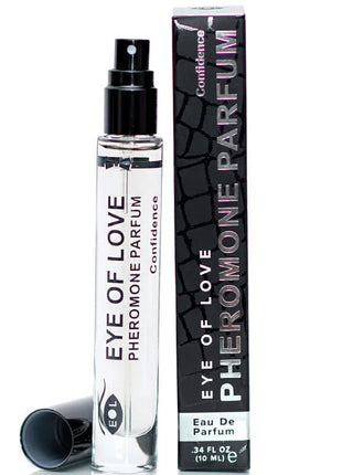 Klar glas sprayflasche mit schwarzem verschluss und aufdruck eye of love pheromon parfum für mehr selbstbewusstsein