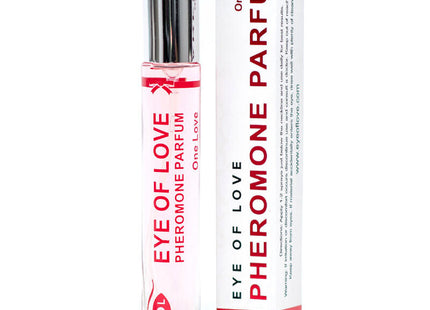 Ein klarer glas-rollerflakon mit silbernem deckel und roter aufschrift eye of love pheromon parfum neben weißer box